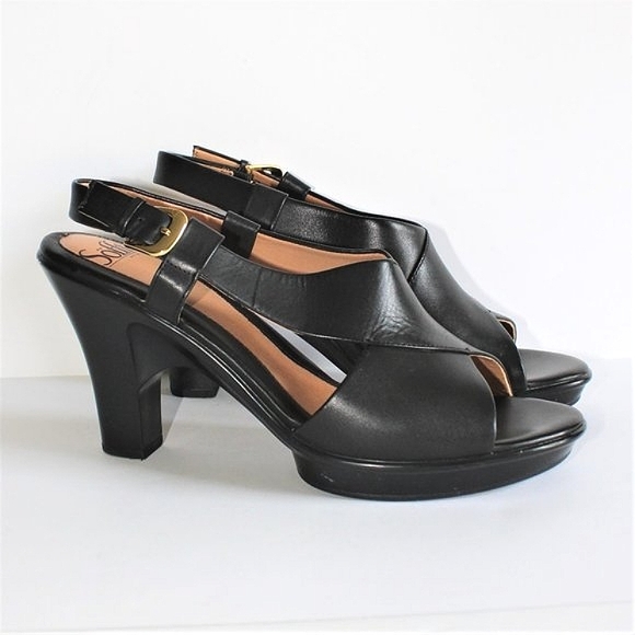 Sofft Black Leather Sling-back Open Toe Heels - Picture 3 of 6
